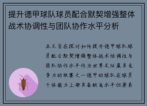 提升德甲球队球员配合默契增强整体战术协调性与团队协作水平分析