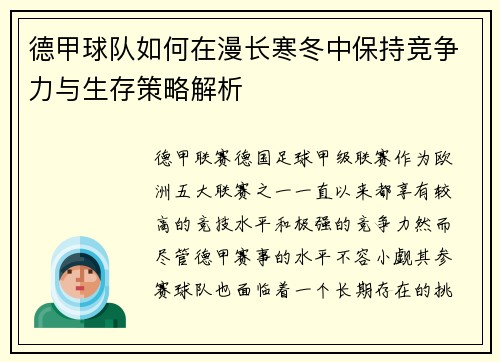 德甲球队如何在漫长寒冬中保持竞争力与生存策略解析